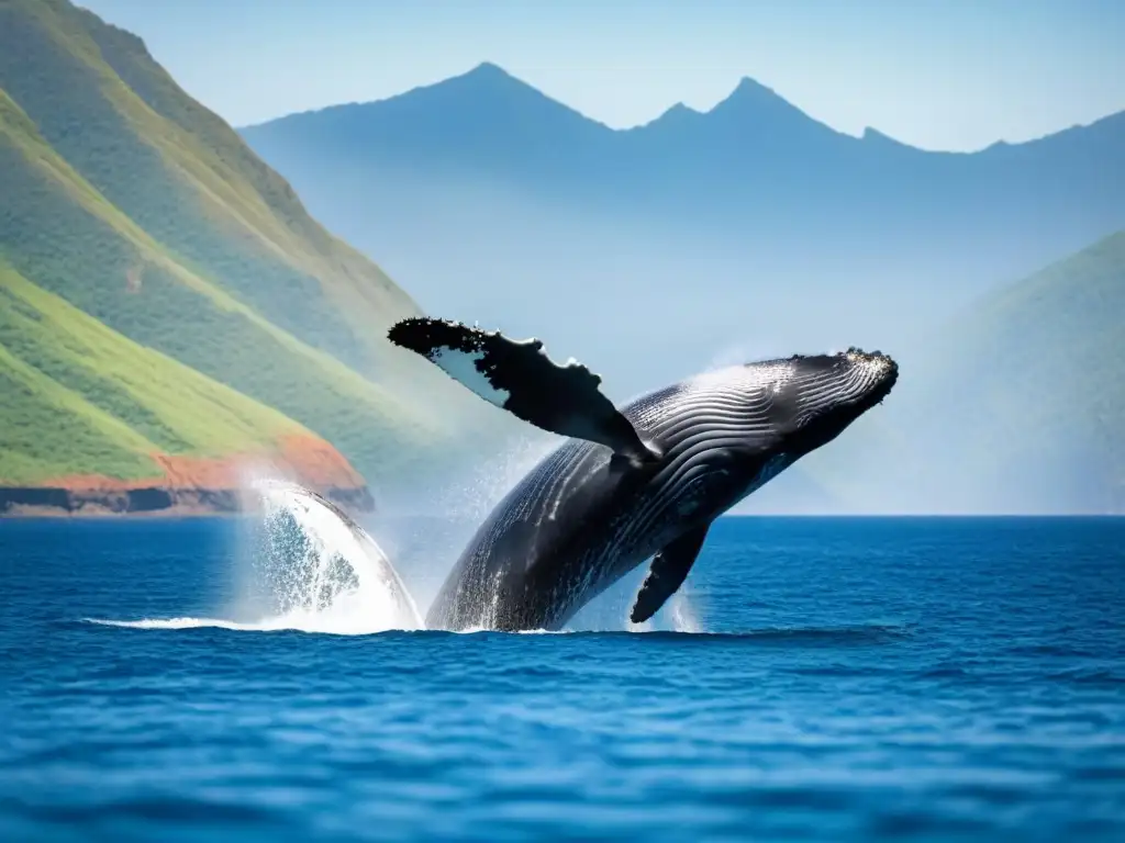 Una ballena jorobada majestuosa emerge en un océano cristalino, rodeada de montañas verdes y cielo azul