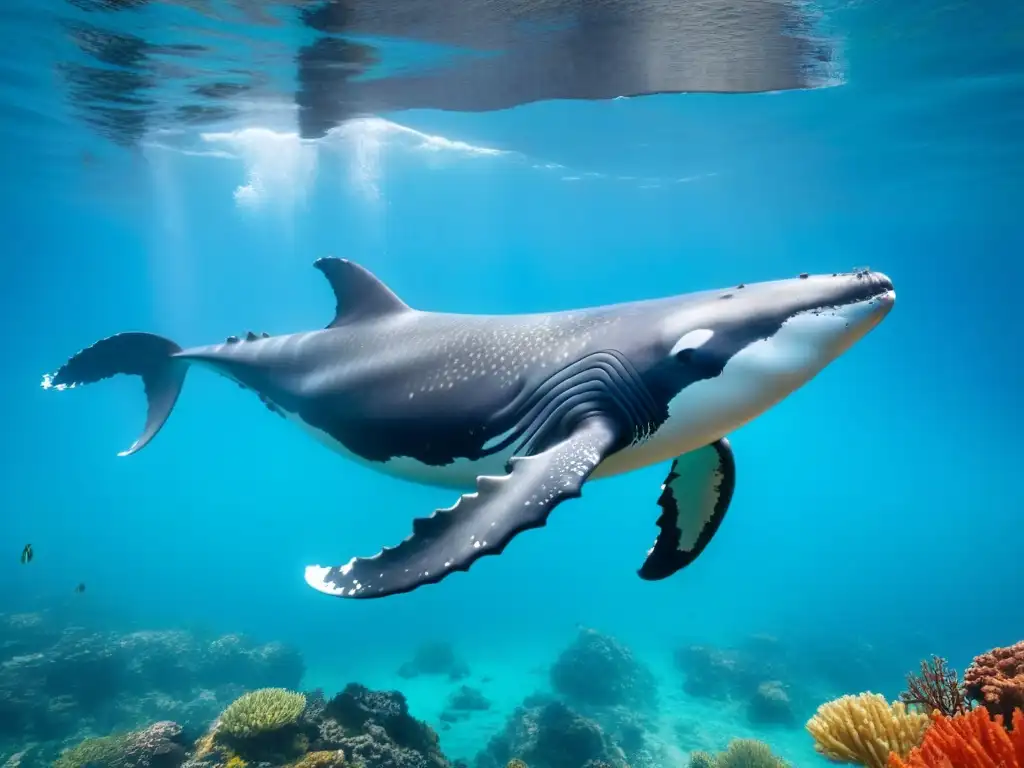 Pod de ballenas jorobadas nadando en aguas cristalinas entre arrecifes de coral y peces tropicales