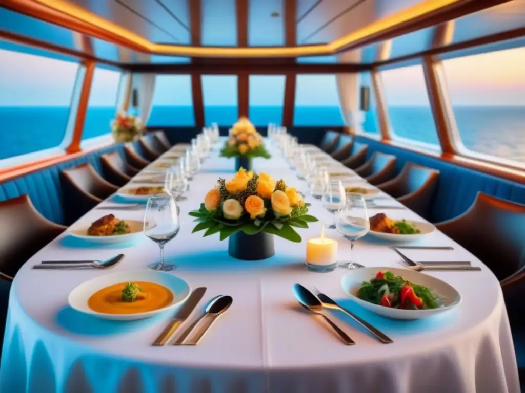 Un banquete halal en cruceros marítimos: una mesa elegante con exquisitos platillos, rodeada por el mar al atardecer