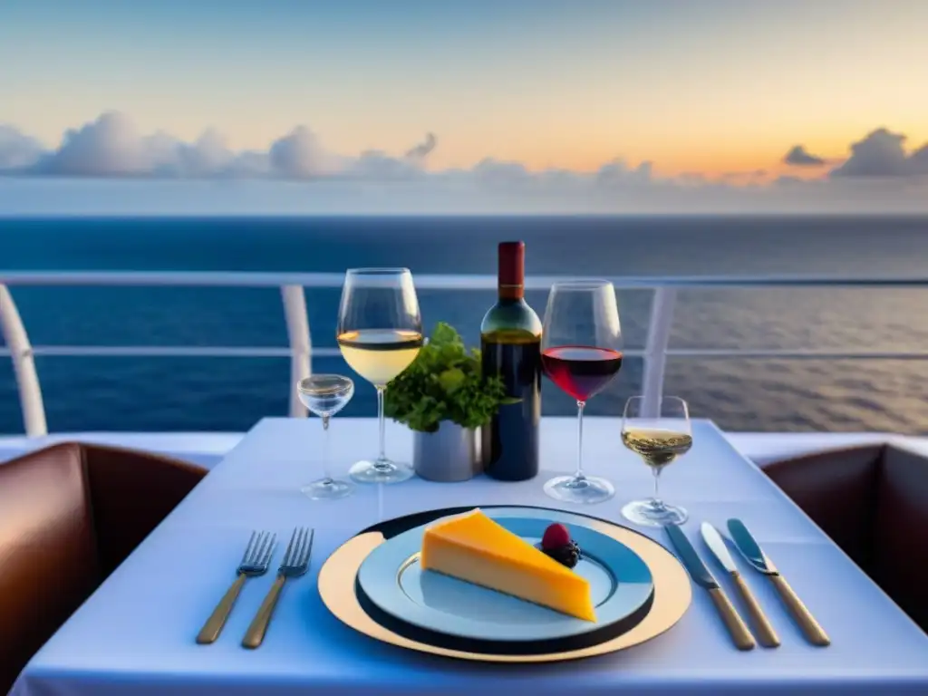 Un banquete elegante con vinos y cocina en crucero al atardecer, con vista al mar