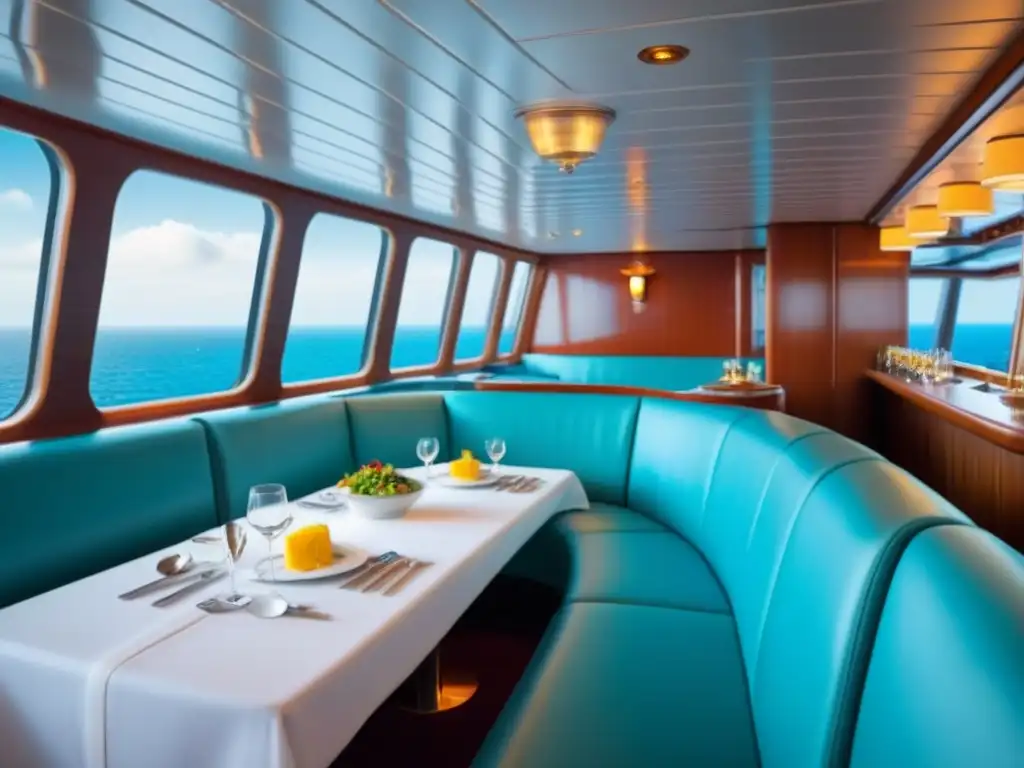 Un banquete gourmet en un lujoso crucero, destacando la fusión de la alta cocina y las vistas al mar