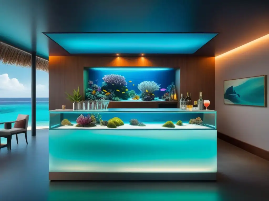 Un bar de cócteles bajo el cielo marino, elegante y moderno, rodeado de peces tropicales y algas, con luz suave filtrada en el agua