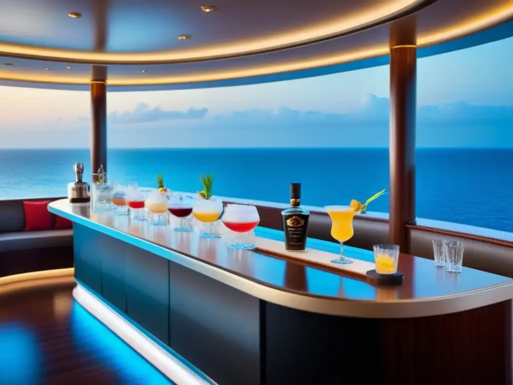 Bar de cocteles icónicos en crucero de lujo, con vista al mar