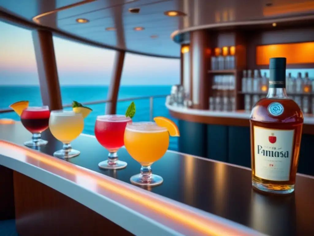 Bar de mocktails en crucero de lujo con bebidas sin alcohol exquisitamente decoradas, vista al mar al atardecer