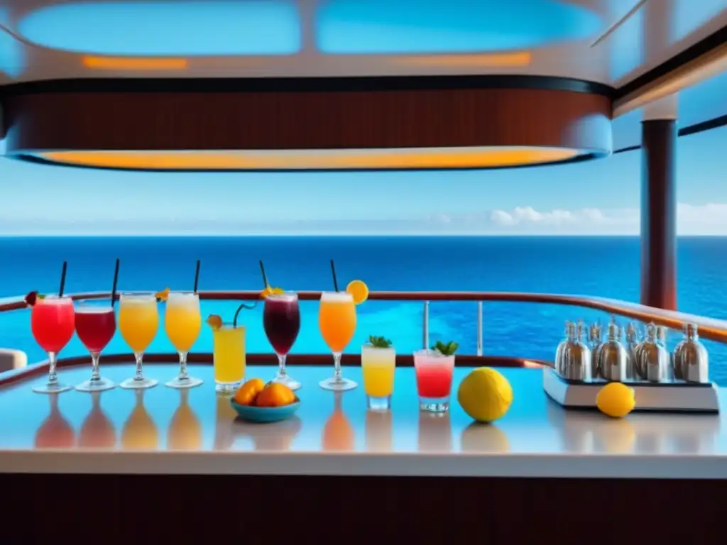 Bar de mocktails en crucero de lujo con bebidas sin alcohol exquisitamente decoradas y vista al mar