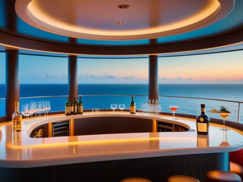 Bar de crucero de lujo con diseño minimalista, mostrando mixología en cruceros de lujo junto a vistas al mar al atardecer