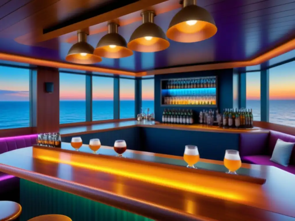 Bar de cerveza artesanal en crucero moderno Un bar de crucero moderno con cervezas artesanales, grifos coloridos y ambiente cálido frente al mar al atardecer