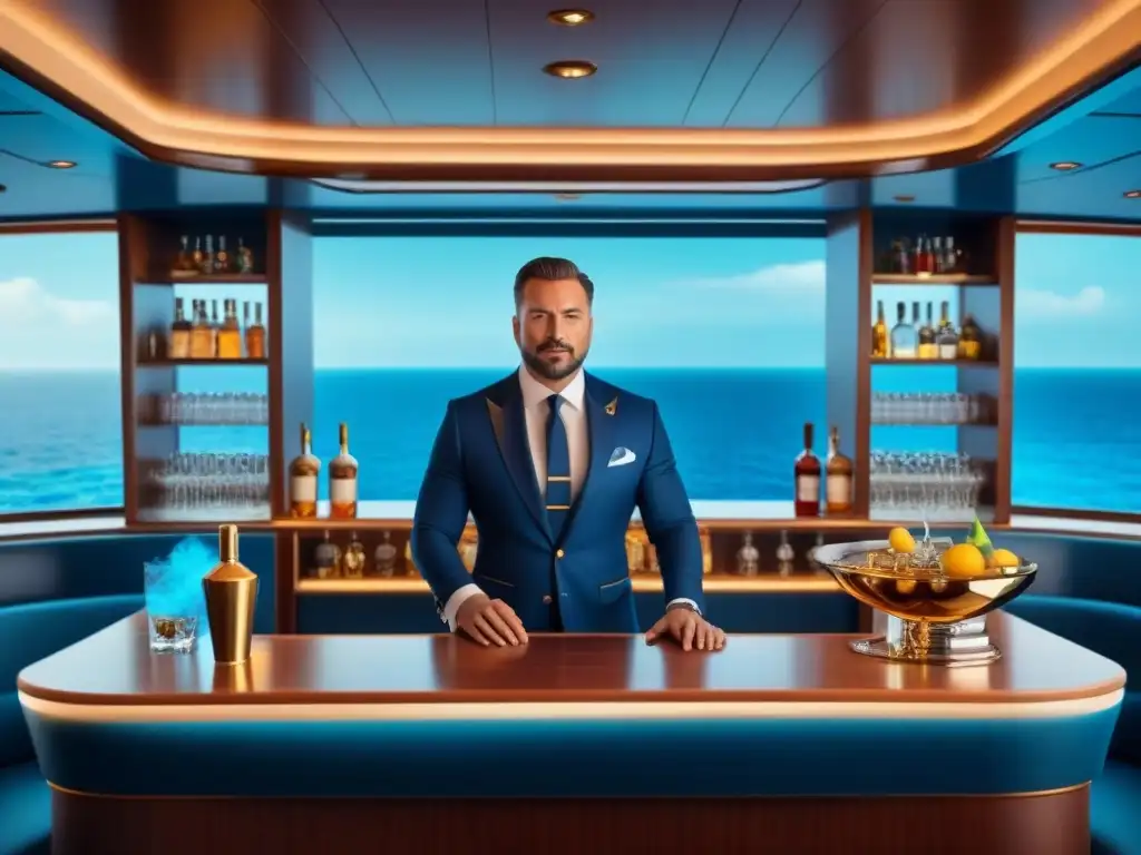 Un bar de crucero moderno y elegante con vistas al mar, donde se preparan cocteles icónicos