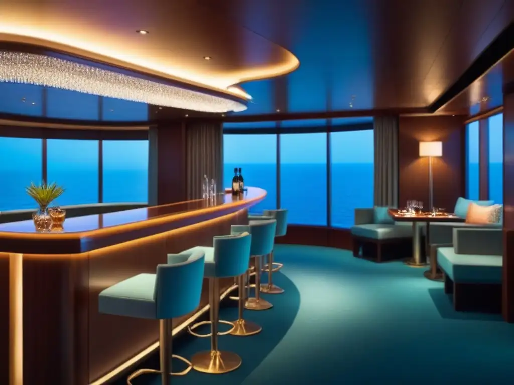 Bar de crucero moderno iluminado con elegancia, sirviendo cócteles asiáticos en un ambiente exclusivo y sofisticado