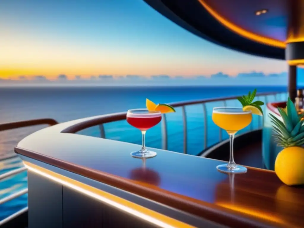 Un bar de crucero moderno con los mejores bartenders creando deliciosas bebidas, frente a una vista al mar al atardecer