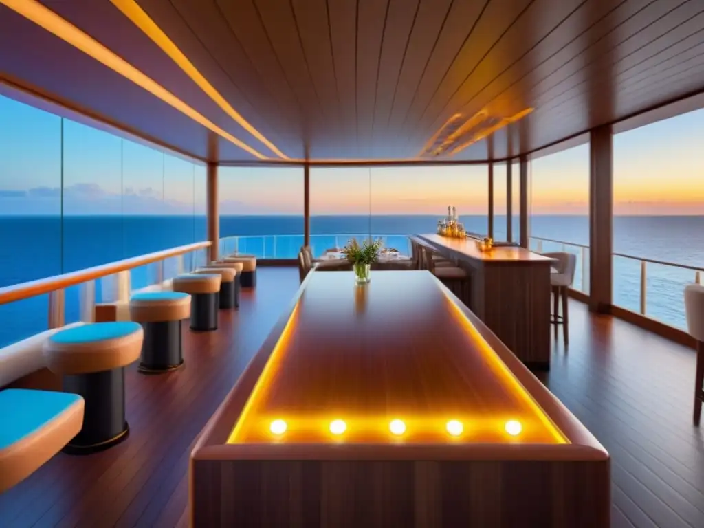 Bar sostenible de crucero con vistas al mar al atardecer Bar de crucero sostenible con cócteles innovadores y vista al mar al atardecer