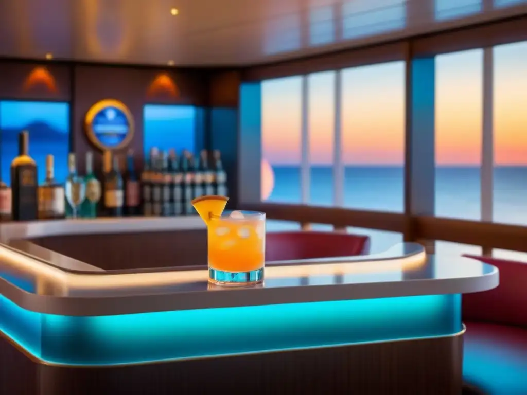 Bar elegante de crucero al atardecer, reflejando lujo y relajación para pasajeros considerando beneficios paquetes bebidas crucero