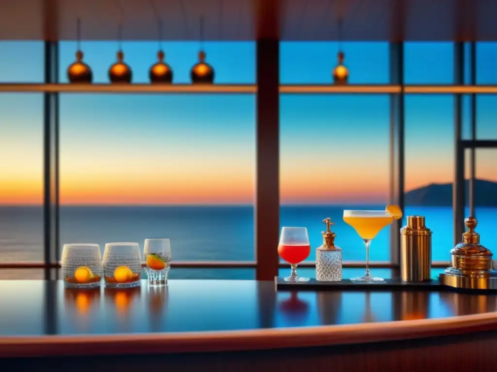 Un bar elegante en un crucero con vista al mar al atardecer