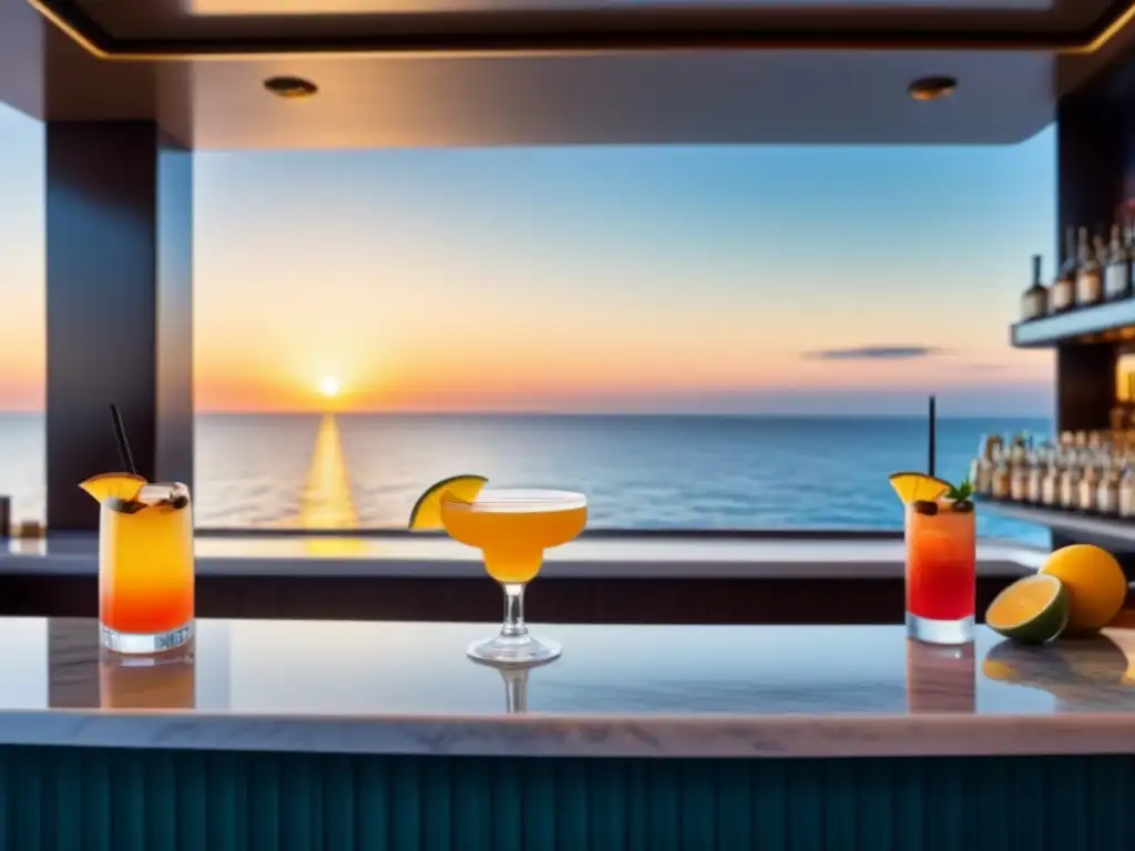 Bar minimalista en crucero con cocteles icónicos y paisaje marítimo al atardecer