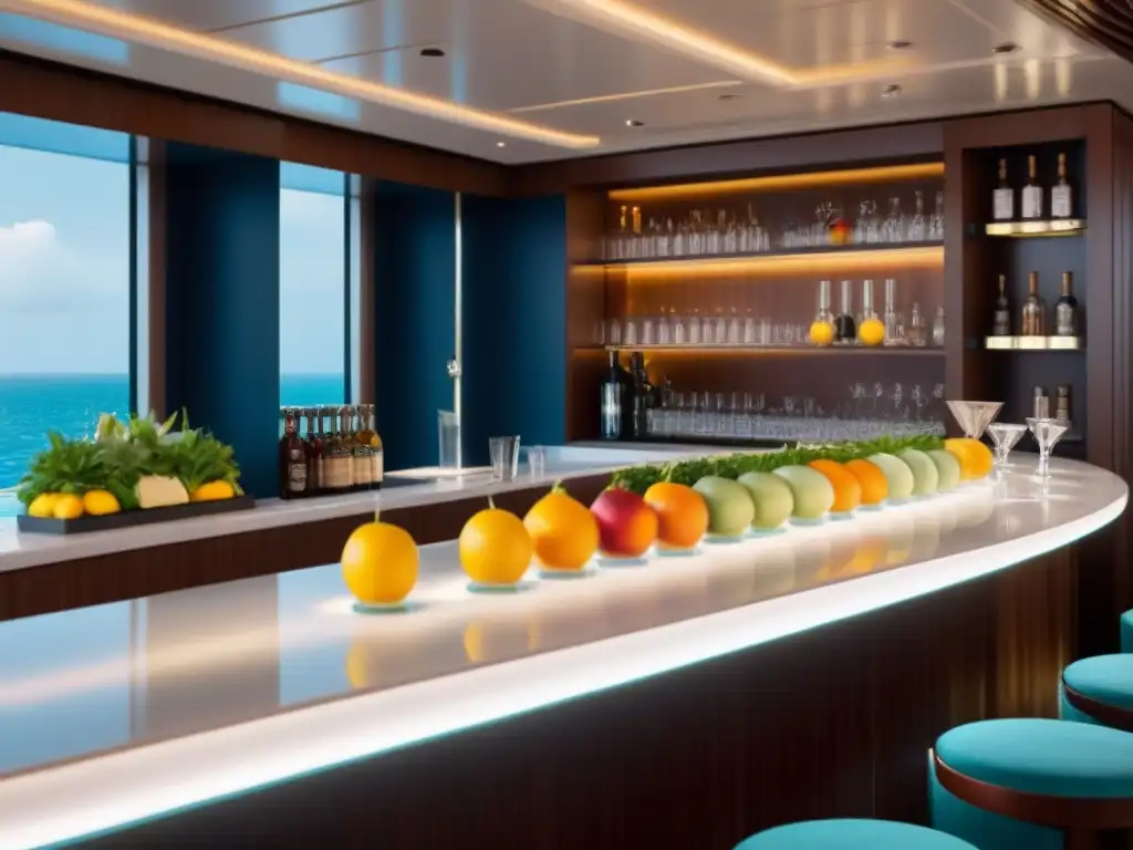 Bar de mixología de lujo en crucero: elegancia y sofisticación Bar de mixología elegante en crucero de lujo, curso mixología cruceros vacaciones