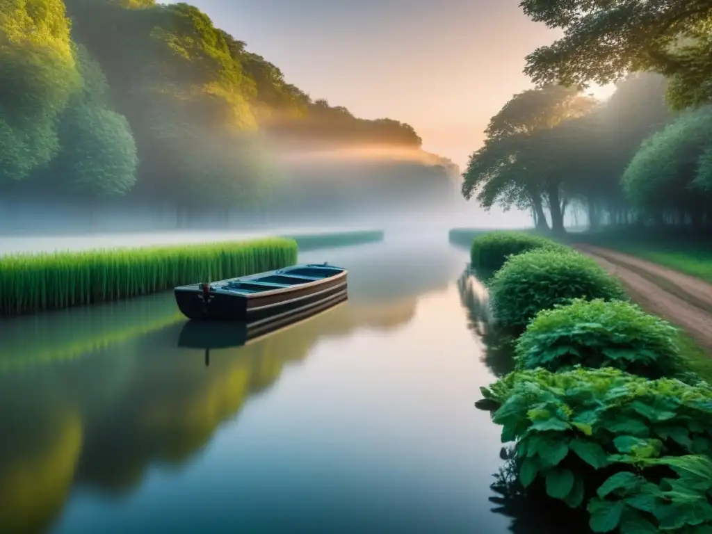 Barca navegando al amanecer en un río sereno rodeado de exuberante vegetación