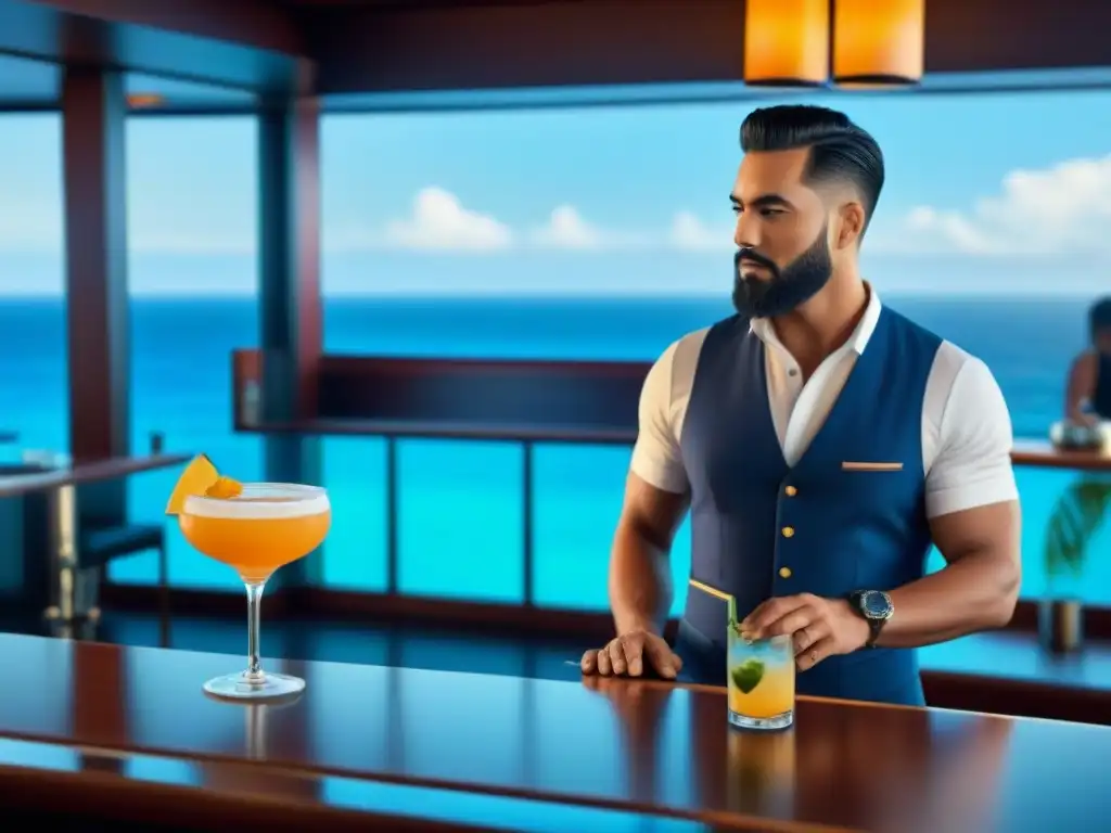 Un barco de crucero elegante donde un barman prepara un cóctel colorido y elaborado, con vista al mar