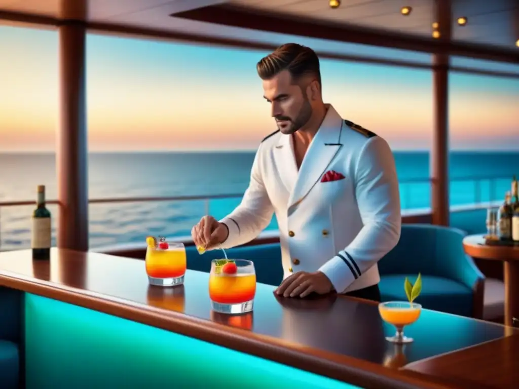 Exclusivo bar de crucero con cocktail artesanal al atardecer Un barco de crucero elegante con un mixólogo creando cócteles, rodeado de ingredientes frescos y cristalería, con vista al océano al atardecer