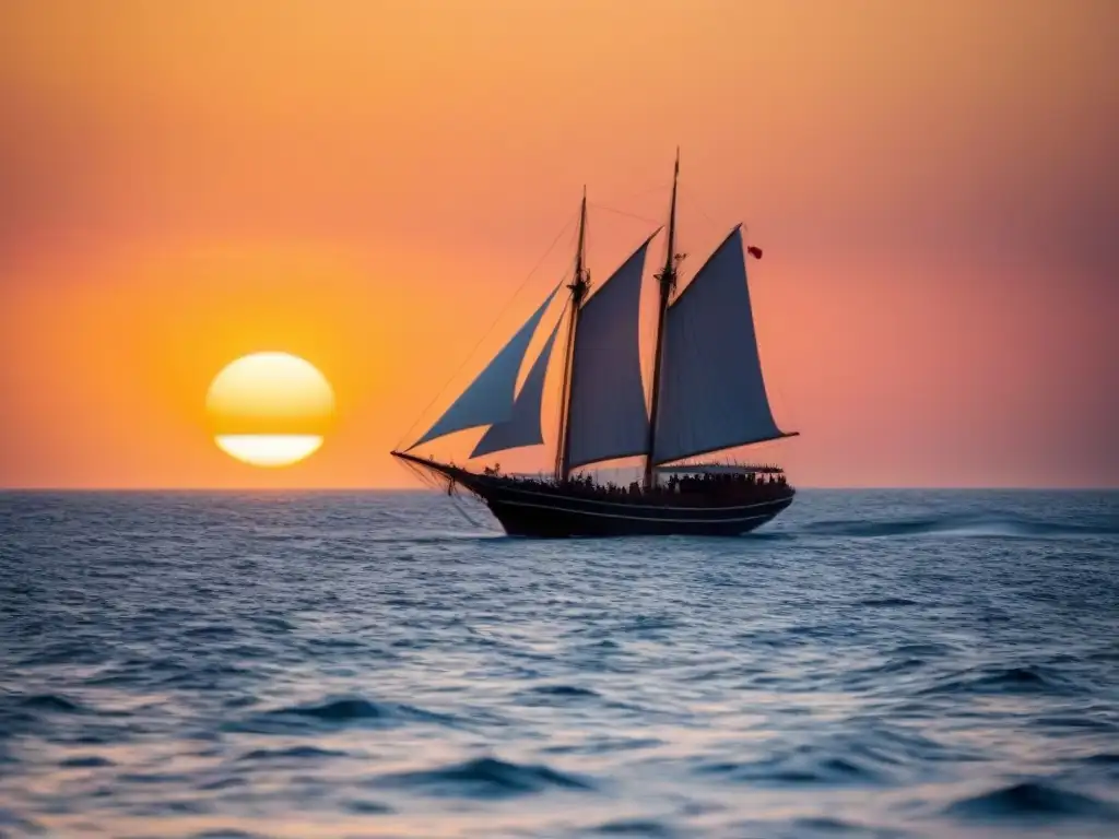 Un barco estilizado navega en aguas tranquilas al atardecer, en la Ruta de la Seda Marítima