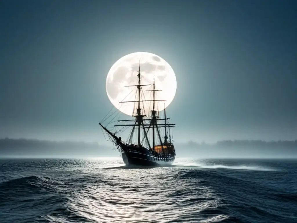 Un barco fantasmal navega bajo la luna llena, con monstruos marinos en un oscuro mar