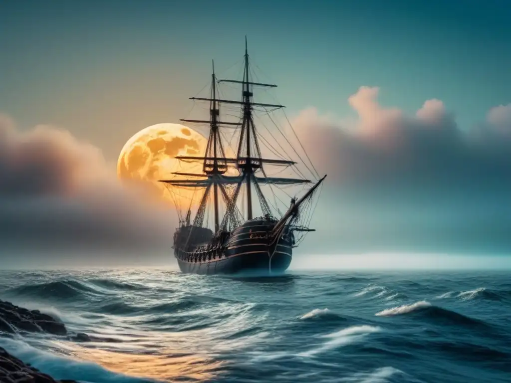 Un barco fantasmal en la neblina de un océano iluminado por la luna, evocando la leyenda del Holandés Errante historia completa