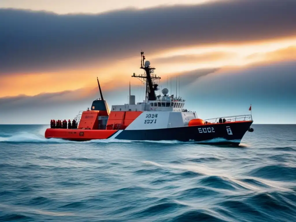 Un barco de la Guardia Costera patrulla aguas tranquilas al atardecer, destacando su diseño moderno