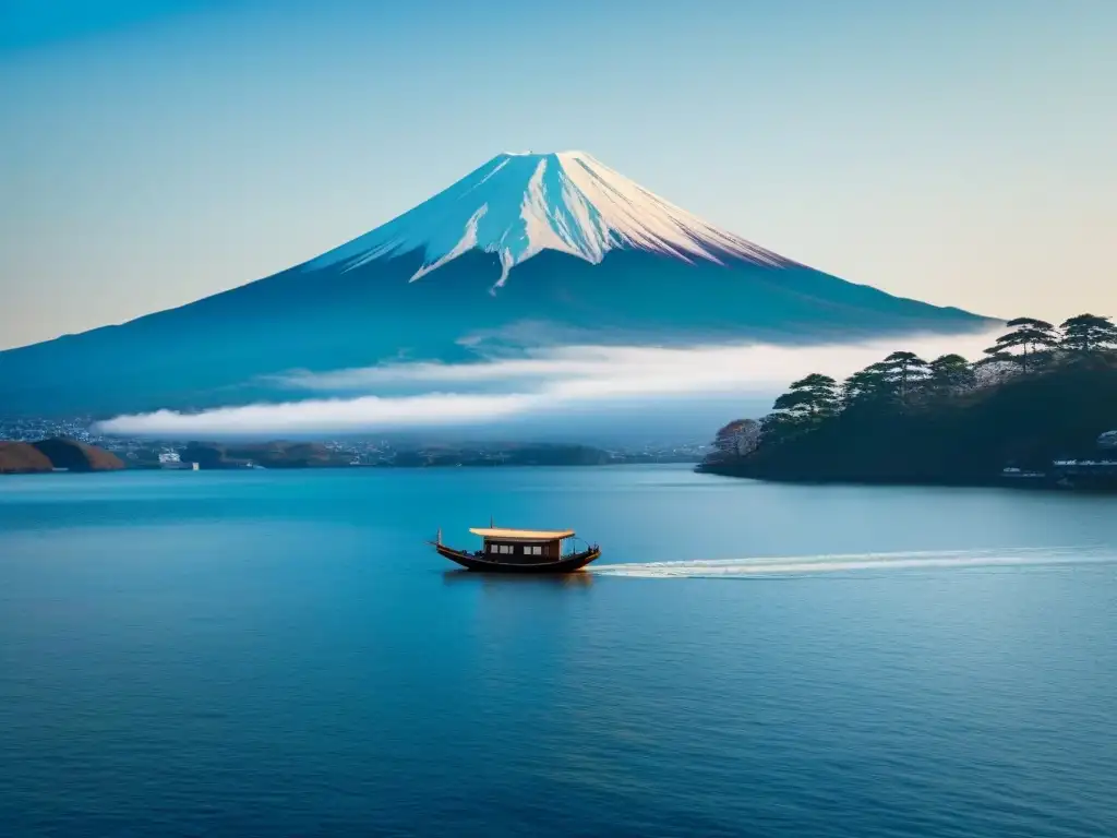 Un barco japonés tradicional navegando en aguas tranquilas con el Monte Fuji de fondo, tripulación vestida de forma tradicional