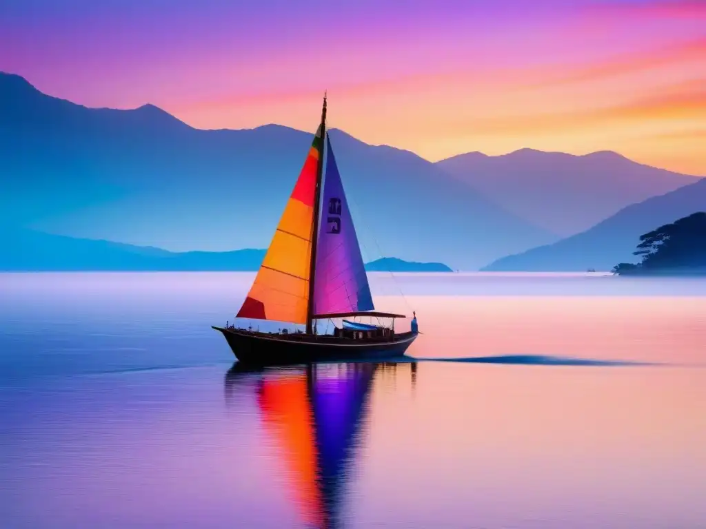 Un barco de madera tradicional navega en aguas tranquilas al atardecer, con banderas marítimas coloridas ondeando