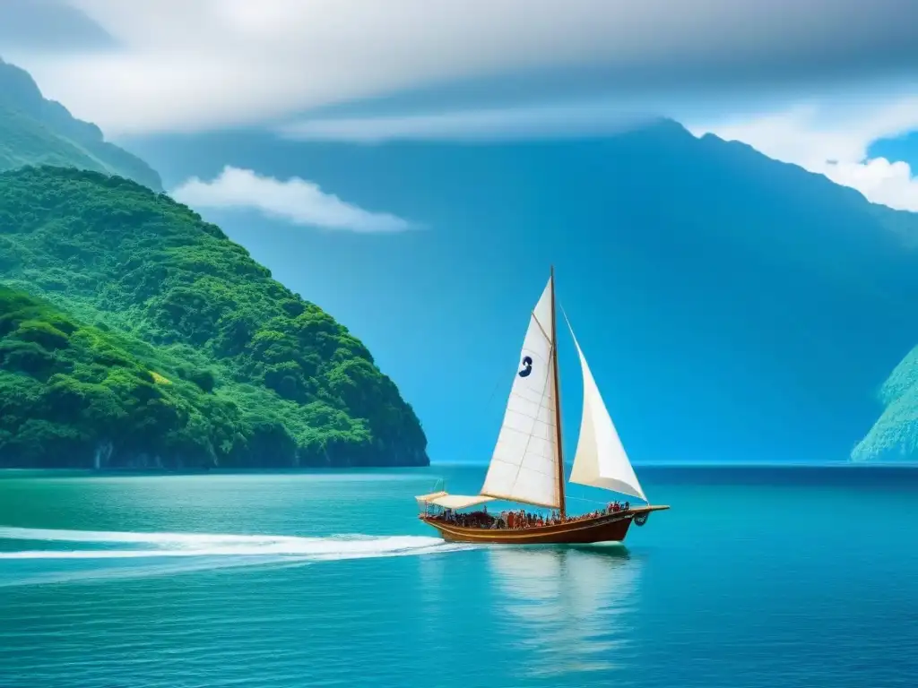 Un barco de madera tradicional surca sereno aguas cristalinas, rodeado de montañas verdes y un cielo azul vibrante con nubes blancas