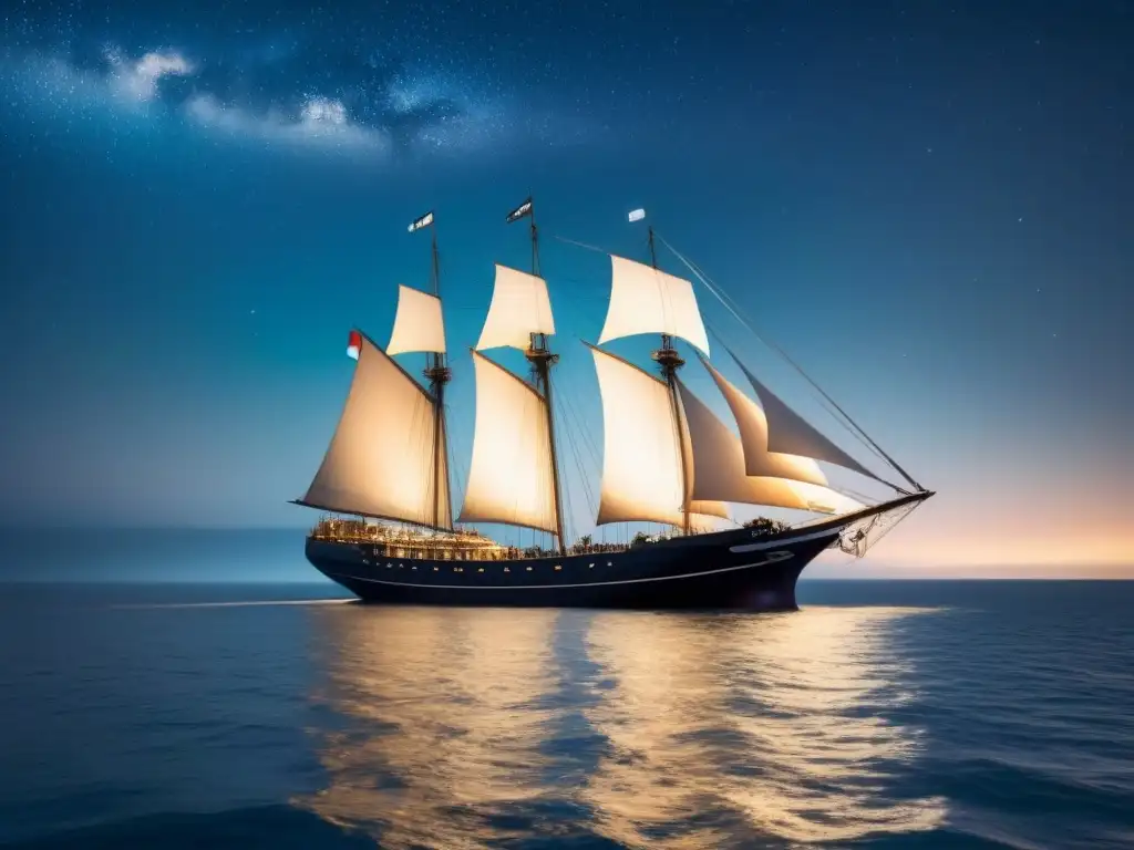 Un barco mercante navega en aguas tranquilas bajo un cielo estrellado, evocando la Ruta de la Seda Marítima