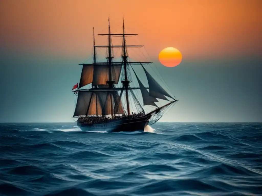 Un barco misterioso, el Mary Celeste, solitario en un vasto mar tranquilo al atardecer, evocando intriga y enigma