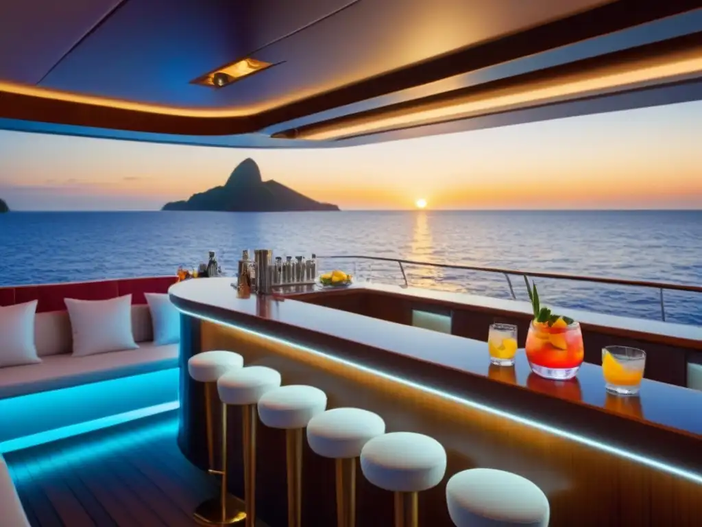 Un barco moderno con cocteles icónicos, perfecto para turismo marítimo al atardecer