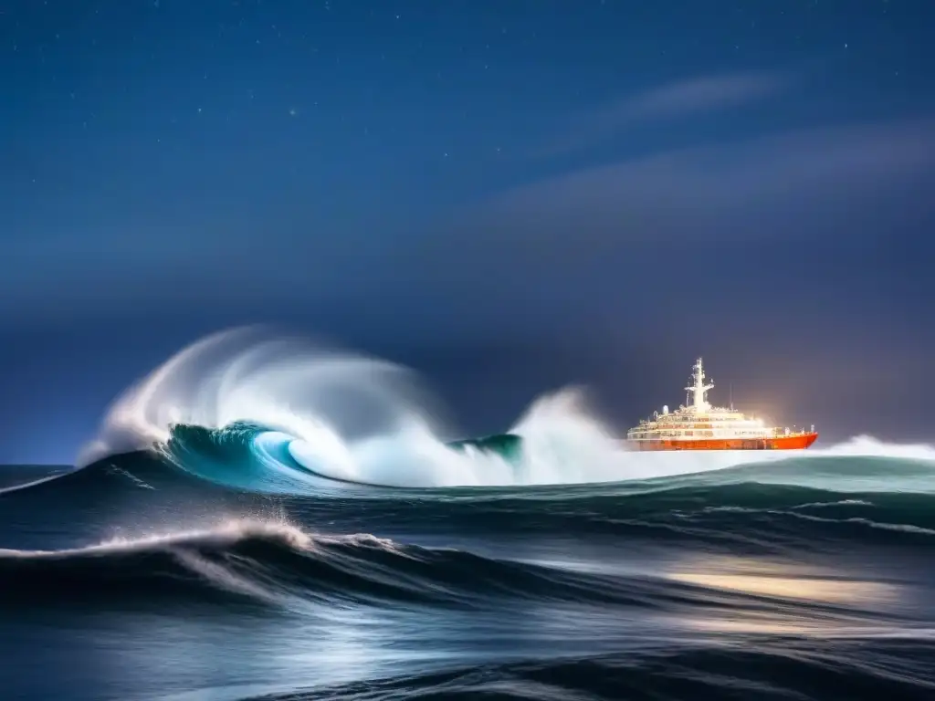 Un barco moderno navega entre olas turbulentas bajo un cielo estrellado, iluminado por la luz cálida de sus ventanas