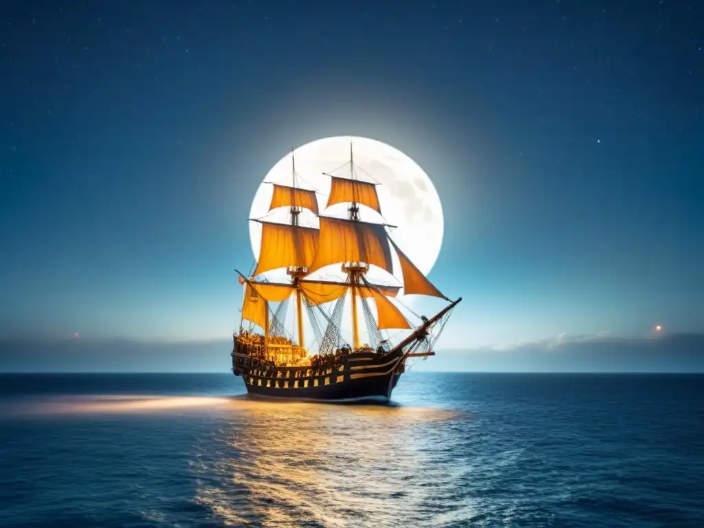 Un barco pirata navega bajo un cielo estrellado en el Mar Caribe, con la luna iluminando el agua