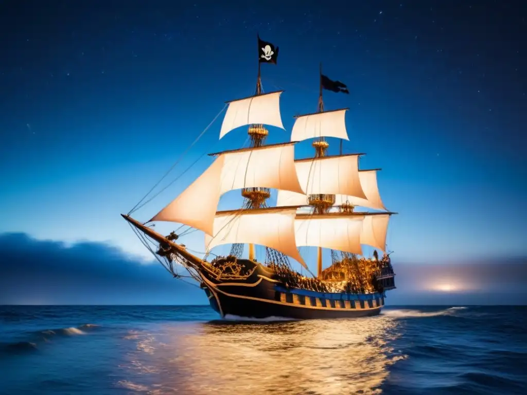 Barco pirata majestuoso navegando bajo la noche estrellada Un barco pirata majestuoso navega bajo un cielo estrellado, con velas iluminadas por la luna y reflejos en el mar tranquilo