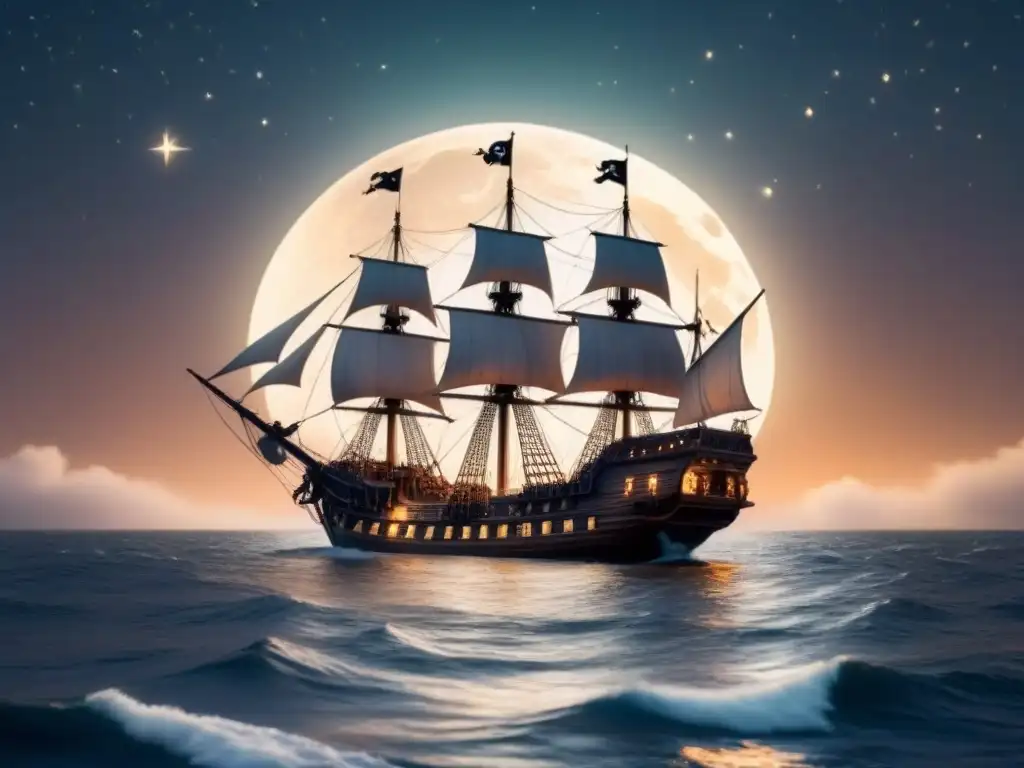 Barco pirata majestuoso navegando bajo la noche estrellada Un barco pirata majestuoso navega bajo un cielo estrellado en un mar sereno iluminado por la luna