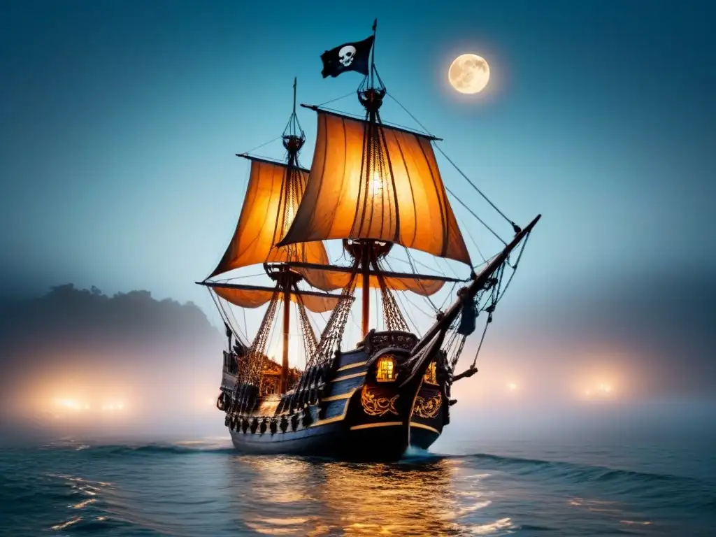 Barco pirata majestuoso navegando en la noche iluminada por la luna Un barco pirata majestuoso surca un mar de niebla bajo la luna, detalle y misterio en cada vela