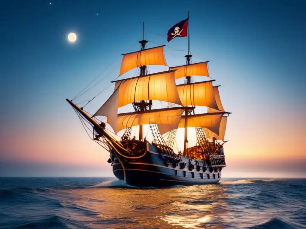 Barco pirata majestuoso navegando bajo un cielo estrellado Un barco pirata majestuoso surca el mar en una noche estrellada, reflejando la luna en las aguas tranquilas