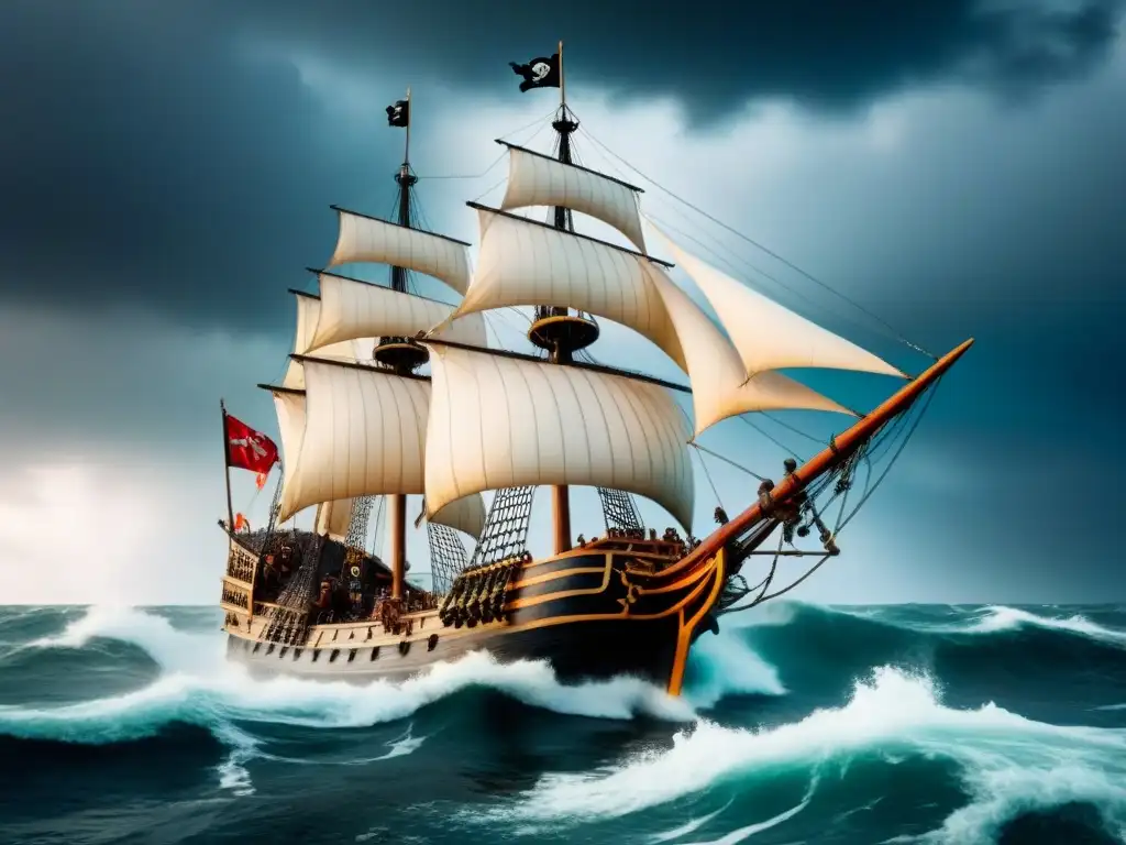 Épica nave pirata en tormenta: detallada y ultrarrealista Un barco pirata majestuoso surcando un mar embravecido, con nubes oscuras y olas dramáticas
