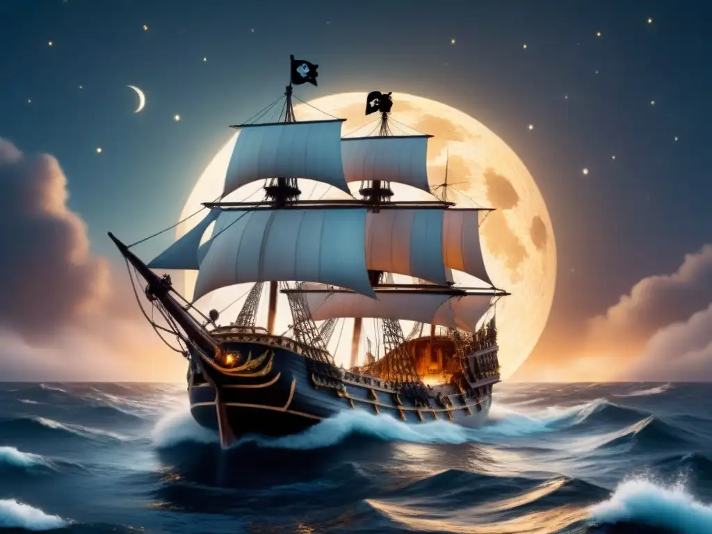 Nave pirata en tormenta: ilustración detallada en un cielo estrellado Un barco pirata majestuoso surca mares tormentosos bajo un cielo estrellado