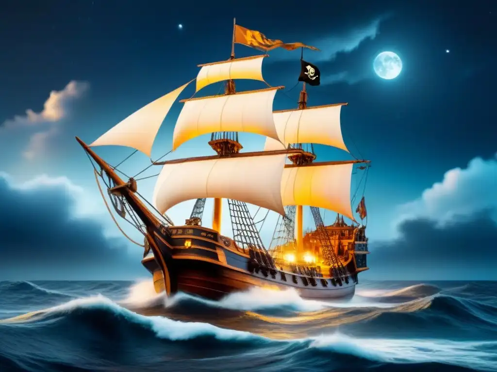 Nave pirata en tormenta: ilustración detallada y misteriosa Un barco pirata majestuoso surca mares tormentosos bajo un cielo estrellado