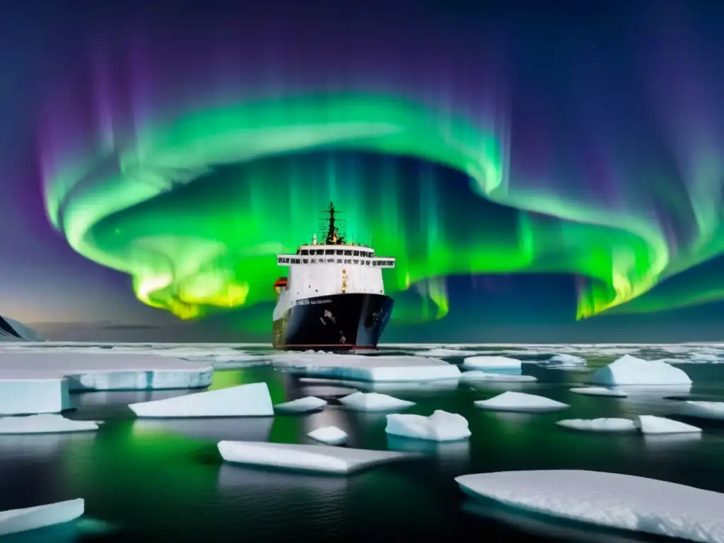 Un barco rompehielos en aguas árticas bajo la aurora boreal, ideal para expediciones turismo marítimo Polo Norte