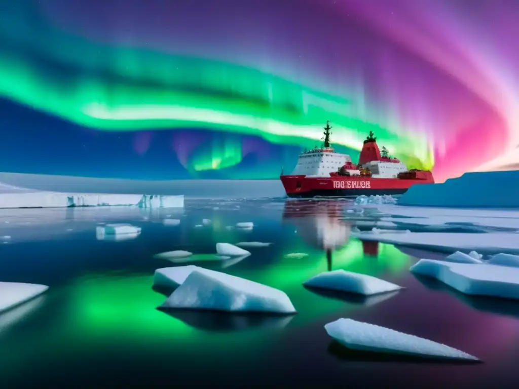 Un barco rompehielos navegando bajo las luces del Norte en el Polo Norte