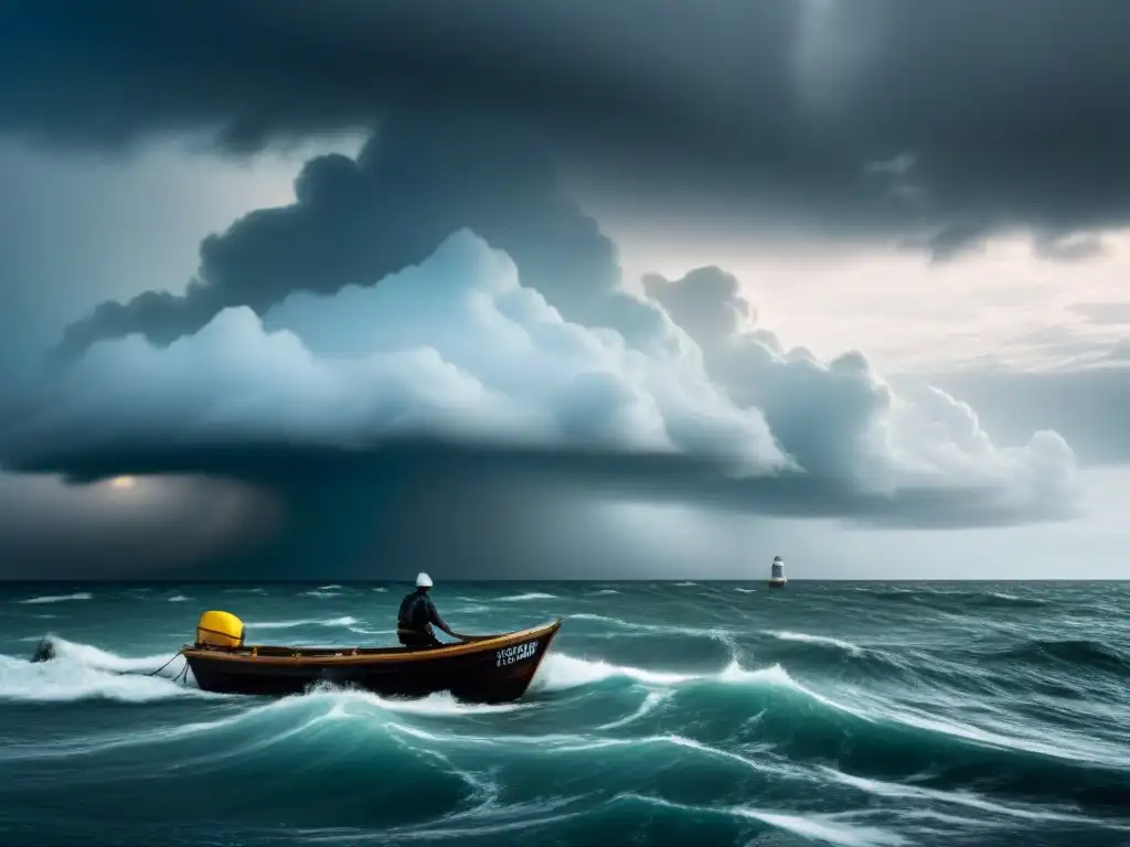 Barco luchando en tormenta, nubes oscuras y lejano faro