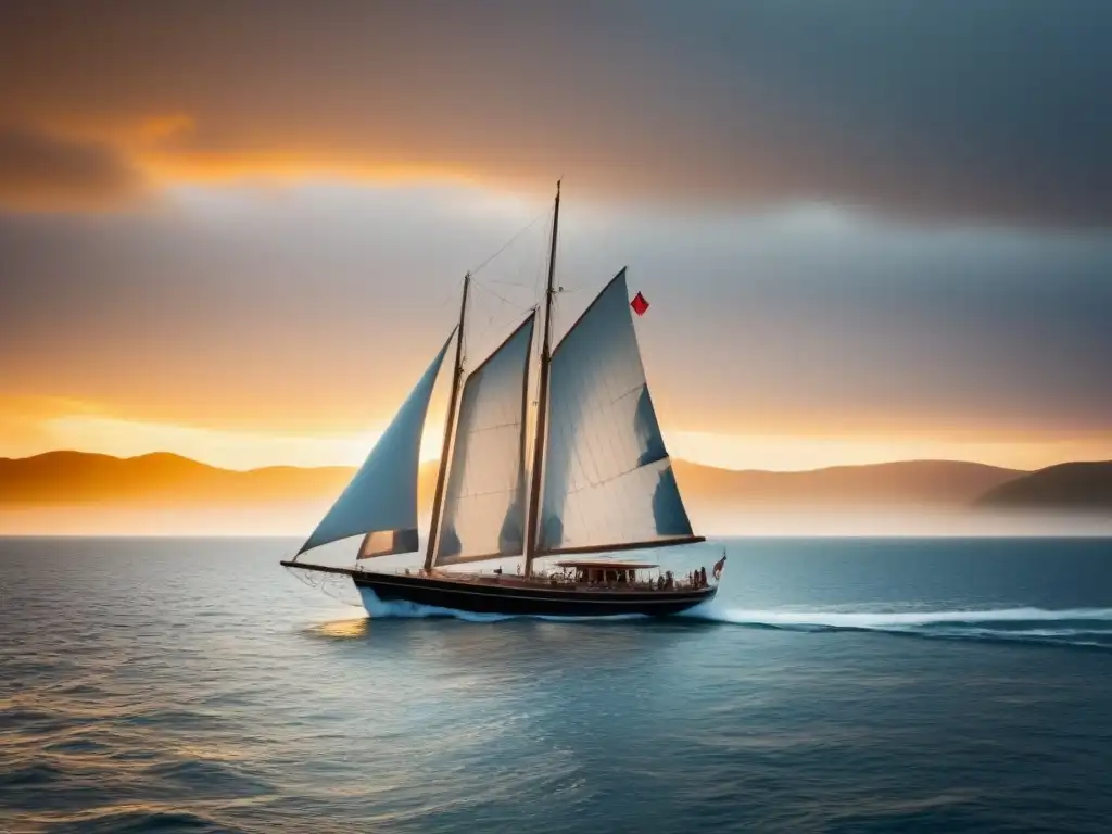 Barco de vela tradicional en competiciones marítimas, navegando con elegancia al atardecer en el mar calmado