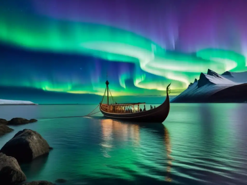 Un barco vikingo surca aguas tranquilas iluminadas por la Aurora Boreal en la Ruta de los Vikingos Marítima