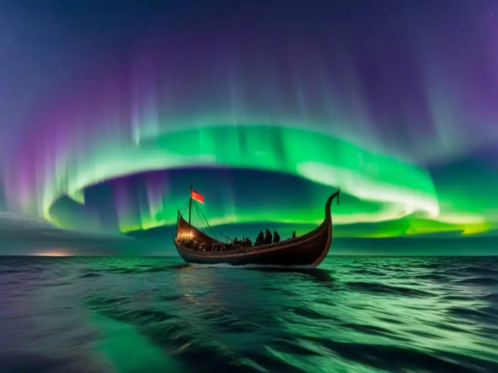 Un barco vikingo navega bajo la aurora boreal en el Mar del Norte con patrones intrincados en las velas