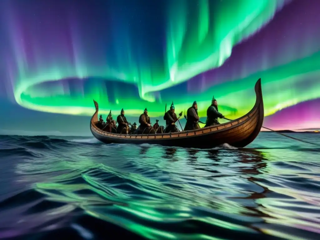 Un barco vikingo navega bajo auroras boreales con guerreros a bordo