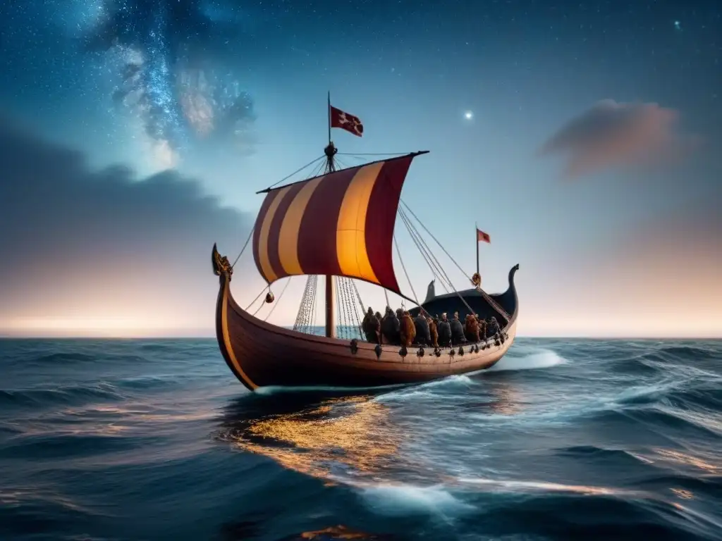 Un barco vikingo navega en el océano Atlántico bajo un cielo estrellado, evocando las expediciones vikingas a América