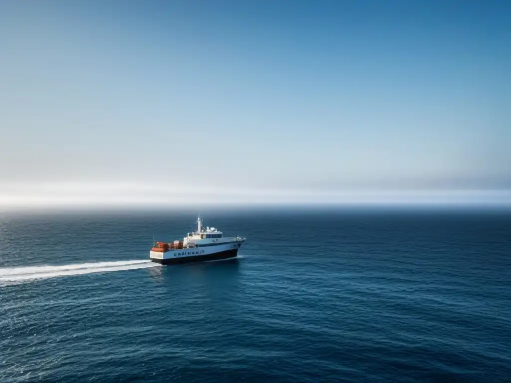 Un barco voluntario navega en un tranquilo mar, en un escenario sereno